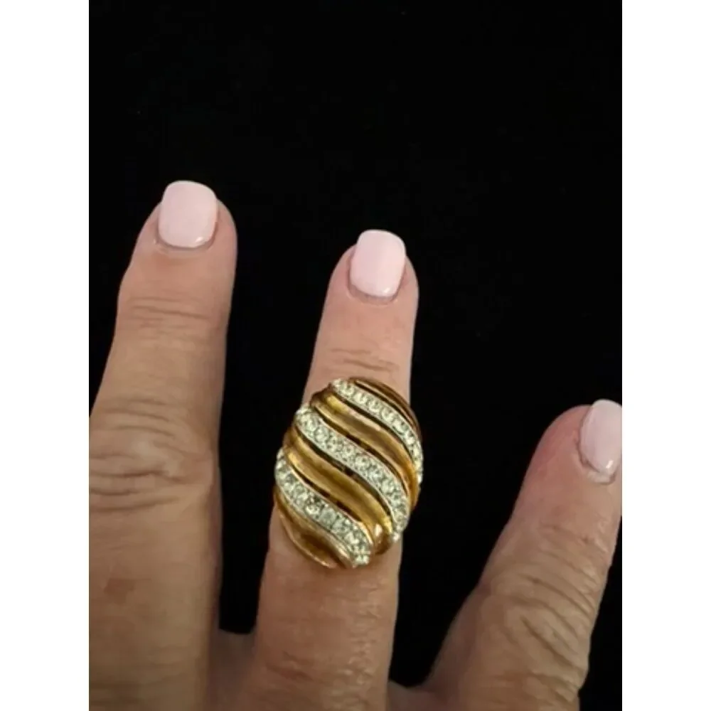 Vintage Gold tone swirl dome ring with rhinestones